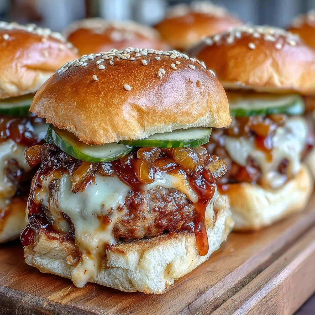 Golden-brown bratwurst sliders with melted beer cheese sauce and caramelized onions, served on soft buns for game day.  