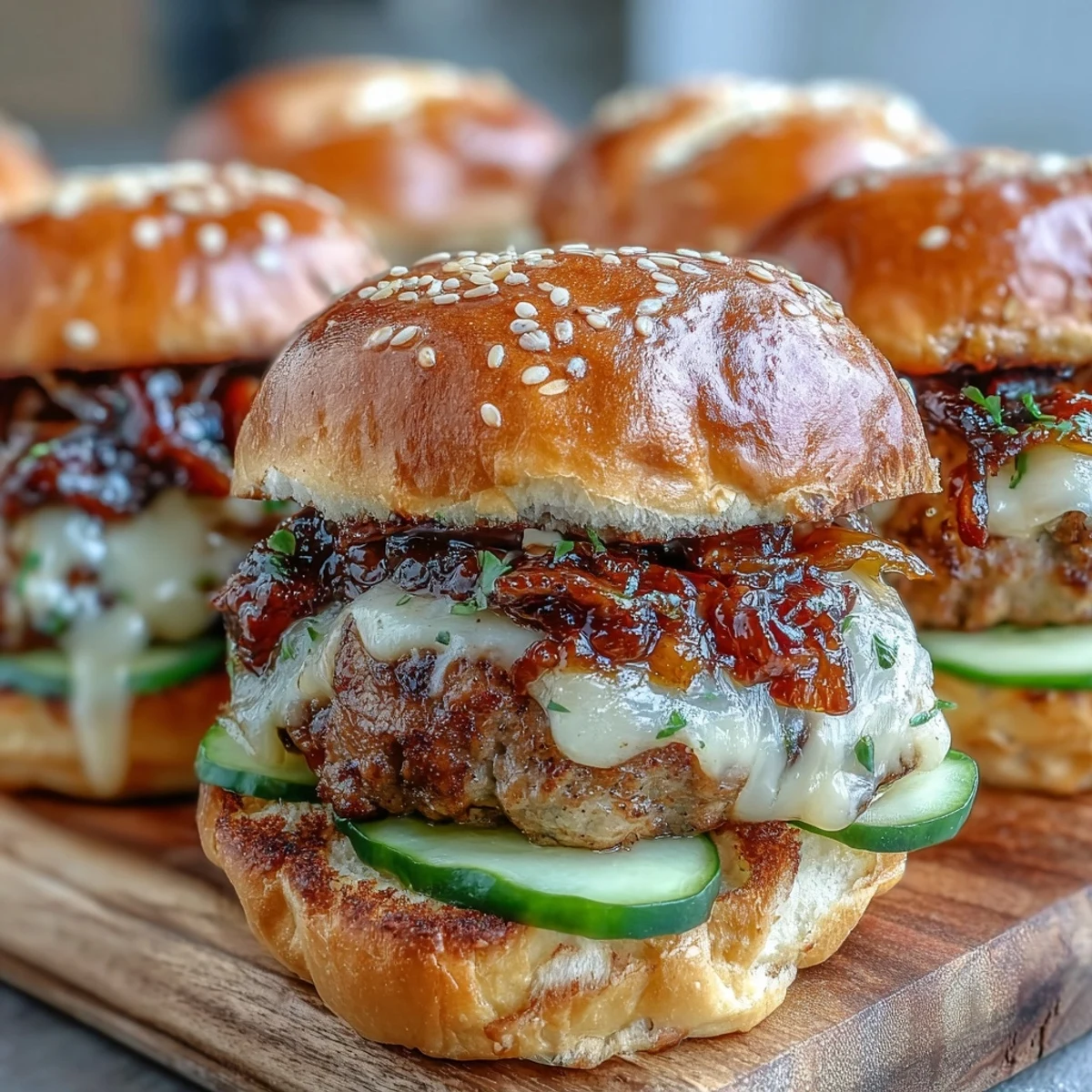 Steam rises from freshly baked Touchdown Brat Sliders, highlighting the rich beer cheese and savory toppings.