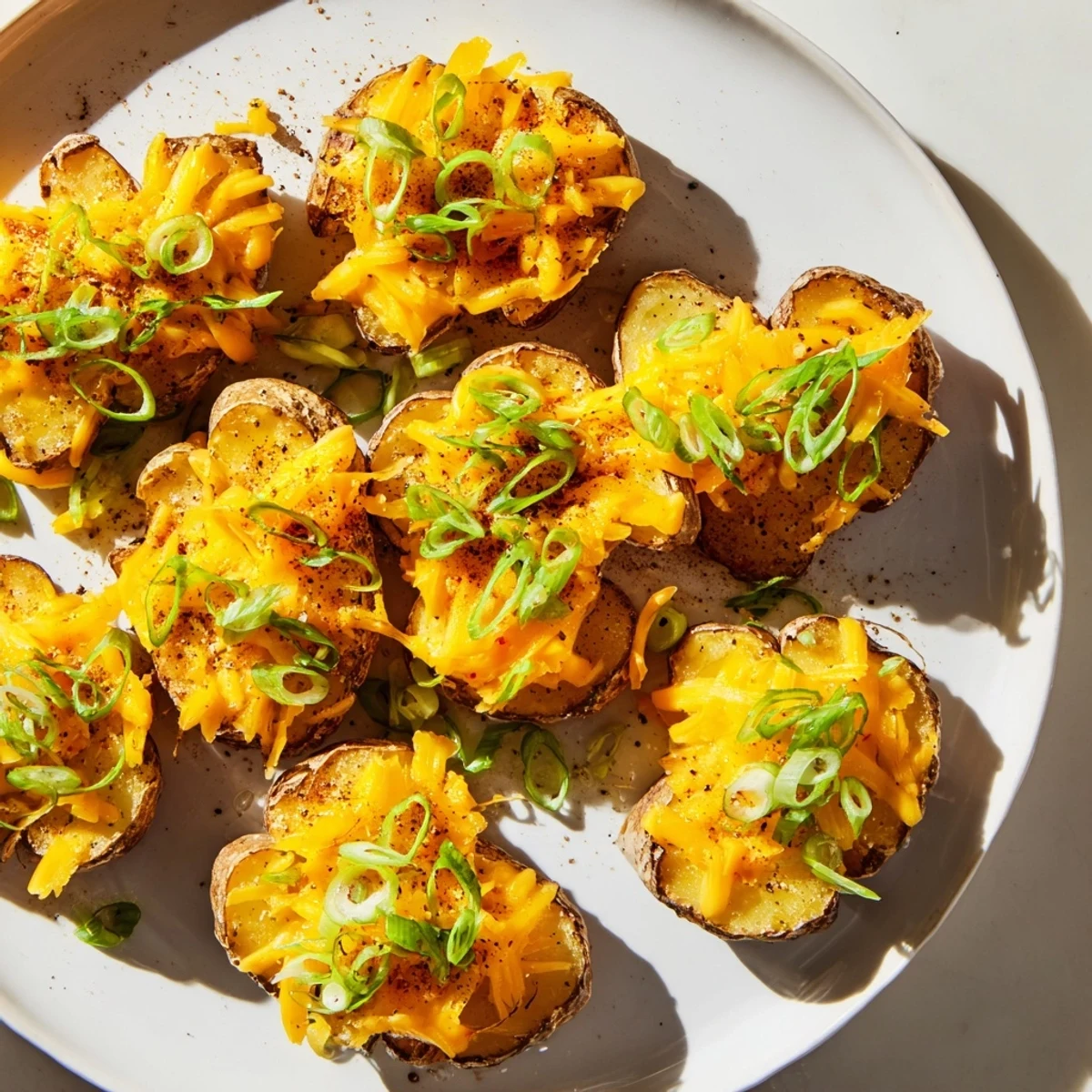 Crispy smashed green onion potato bombs topped with melted cheddar cheese and herbs.  