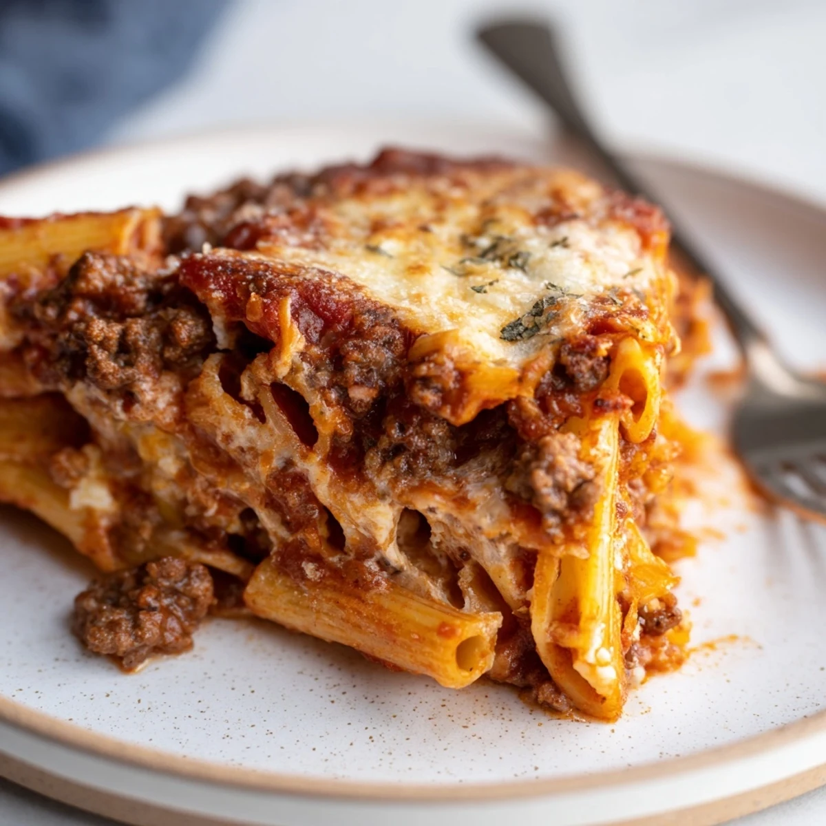 Baked Ziti with Meat Sauce drizzled with rich tomato sauce and melted mozzarella cheese  