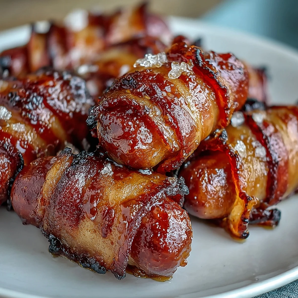 Golden-baked bacon-wrapped smokies served warm, their sugary coating bubbling alongside toothpicks for easy game-day snacking.