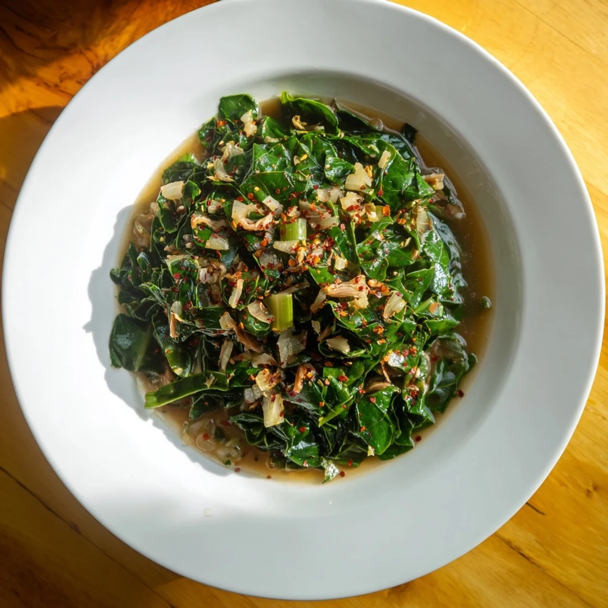 A close-up shot of tender Southern Style Collard Greens, showcasing the smoky turkey within its savory embrace.