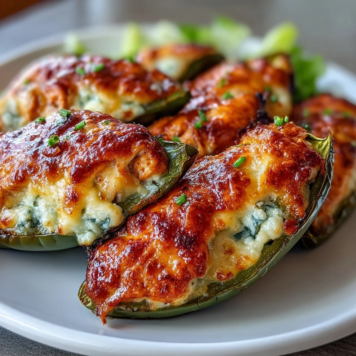 Golden-brown Buffalo Wing Poppers fresh from the oven, with bubbly cheese and spicy jalapeños on a serving platter.