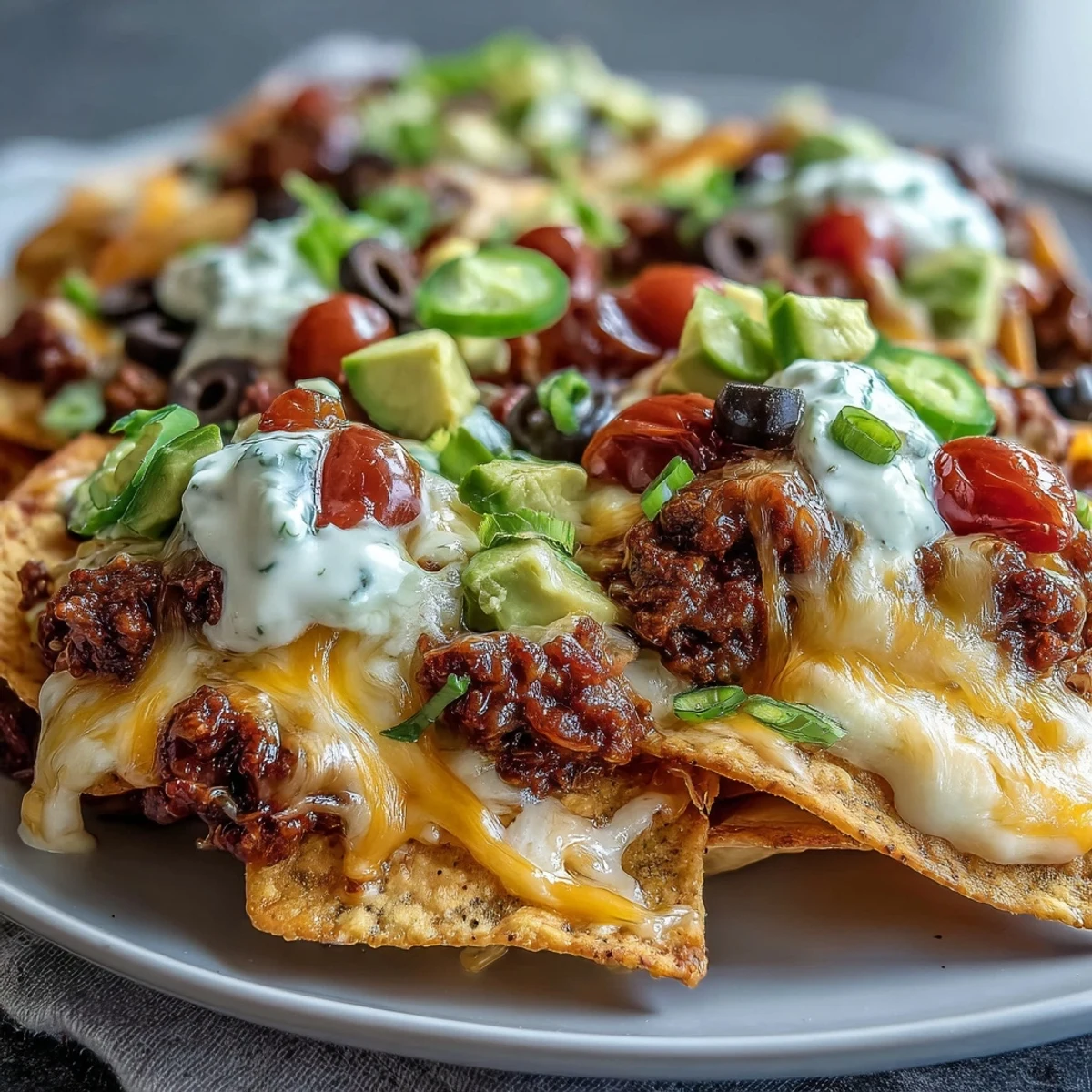 Freshly baked Tex-Mex Baked Nachos with melted cheddar and Monterey Jack cheese, topped with seasoned ground beef, diced tomatoes, and jalapeños.