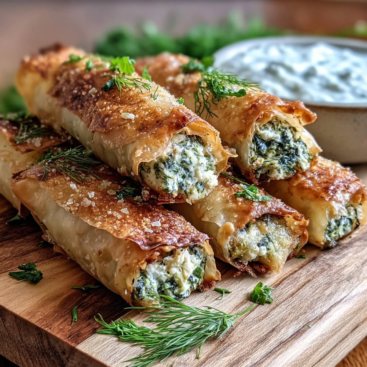 Golden-brown Spanakopita Spring Rolls are arranged on a white plate, their crispy exterior crackling slightly as steam rises from the savory spinach and feta filling inside.