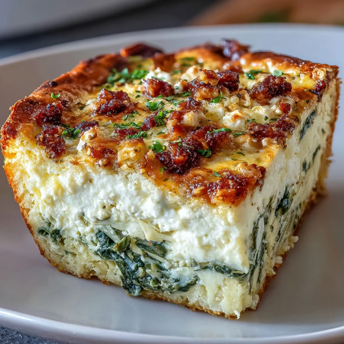 Close-up of High Protein Spinach Artichoke Bake highlights a crispy golden crust and steam rising from a low-carb, high-protein vegetarian dinner casserole.