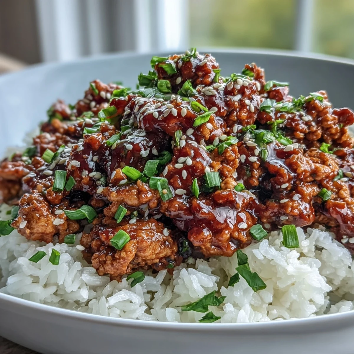 Close-up of Korean-Style Ground Turkey with toasted sesame seeds and fresh chives.