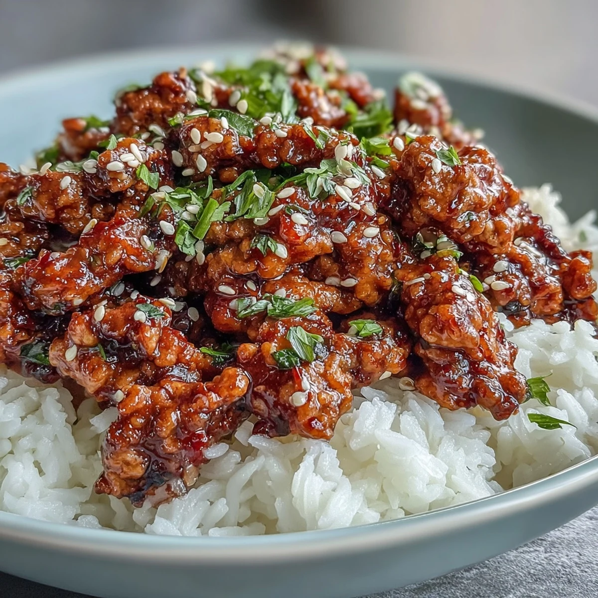 Quick Korean-Style Ground Turkey served over steamed rice with vibrant green vegetables.