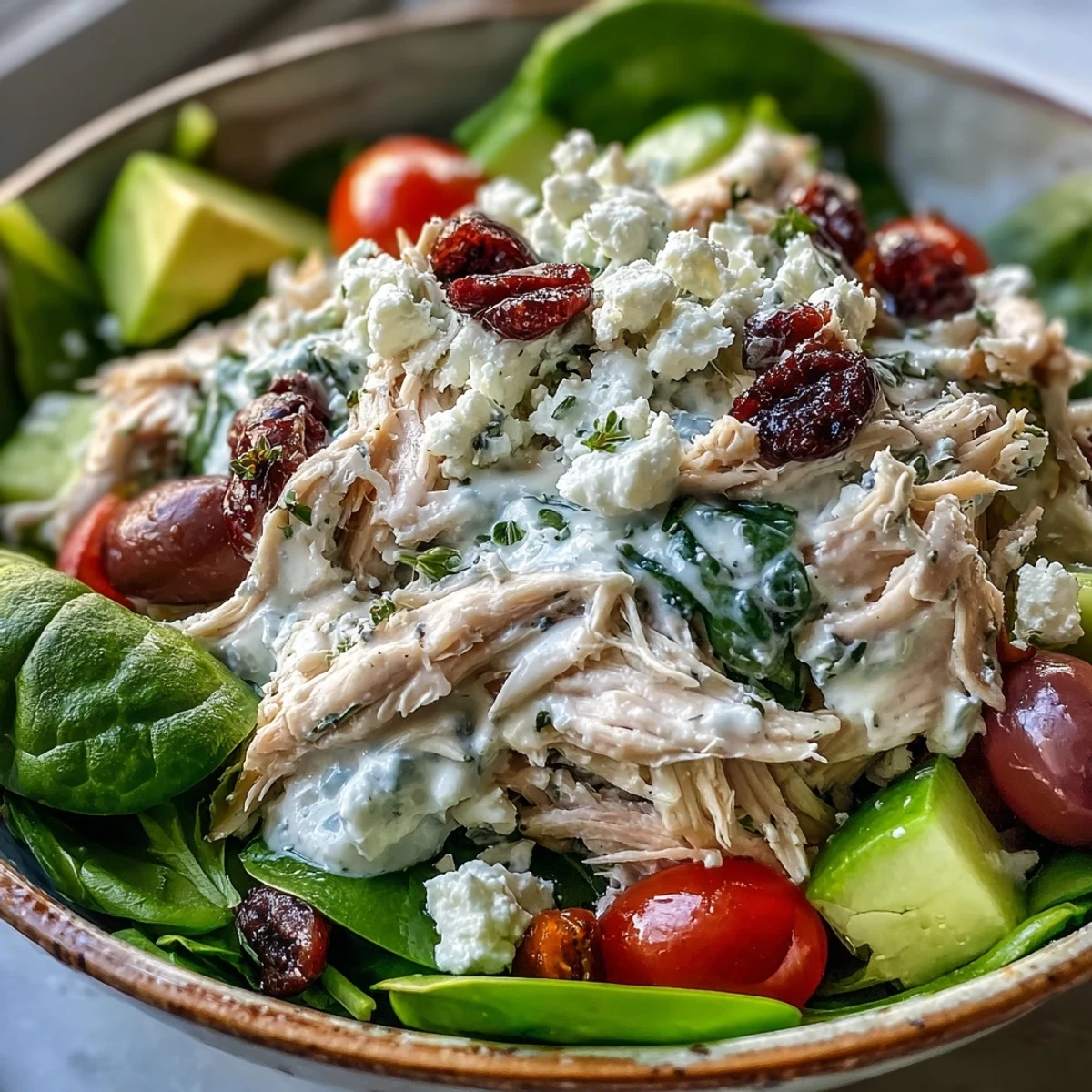 Chilled Tzatziki Chicken Salad served over fresh spinach with feta crumbles, juicy cherry tomatoes, and Kalamata olives.
