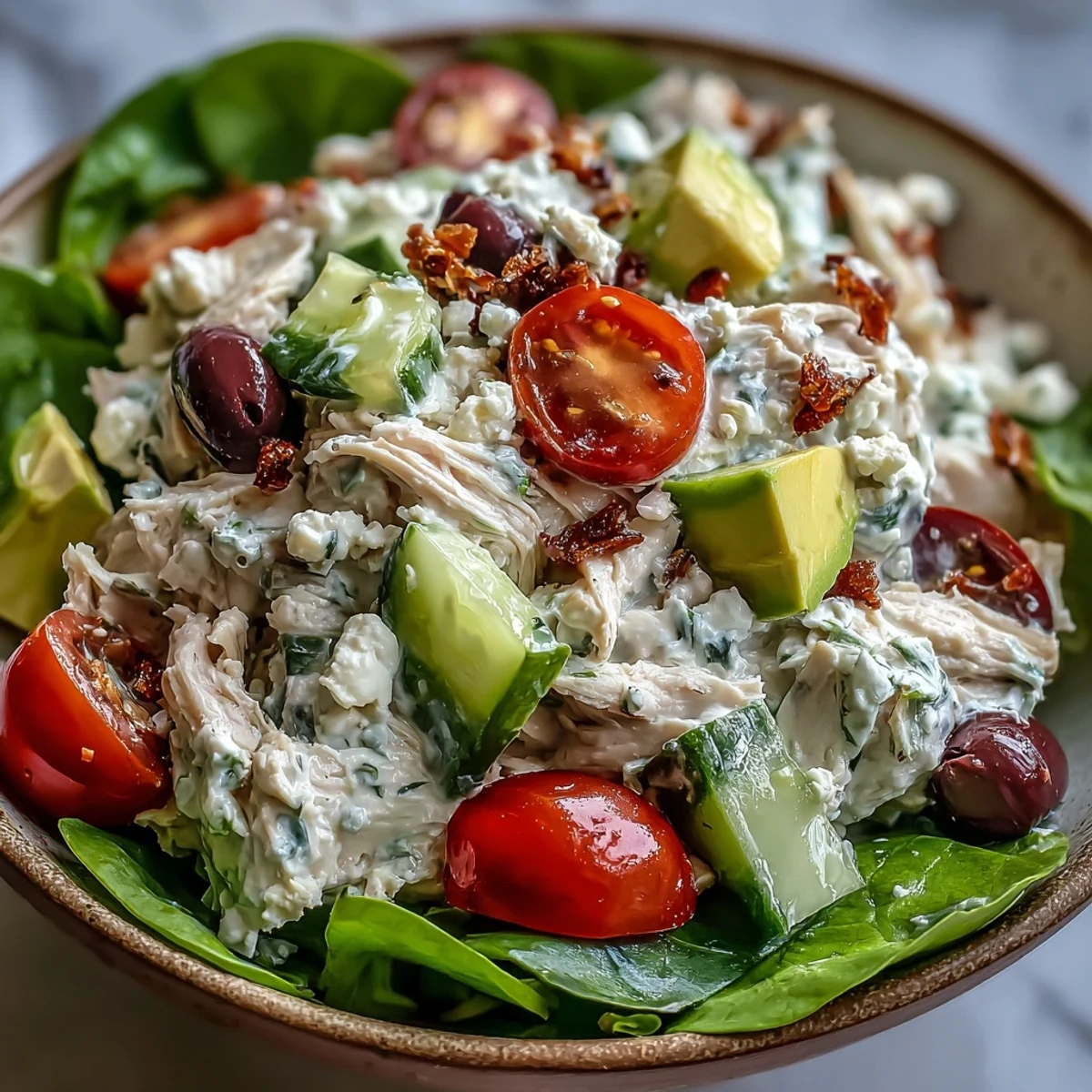 Easy gluten-free Tzatziki Chicken Salad tossed with red onion and avocado, perfect for a refreshing summer lunch.