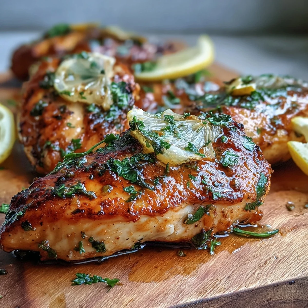 Golden brown, juicy Oven Baked Chicken Breast seasoned with herbs and resting on a white plate.