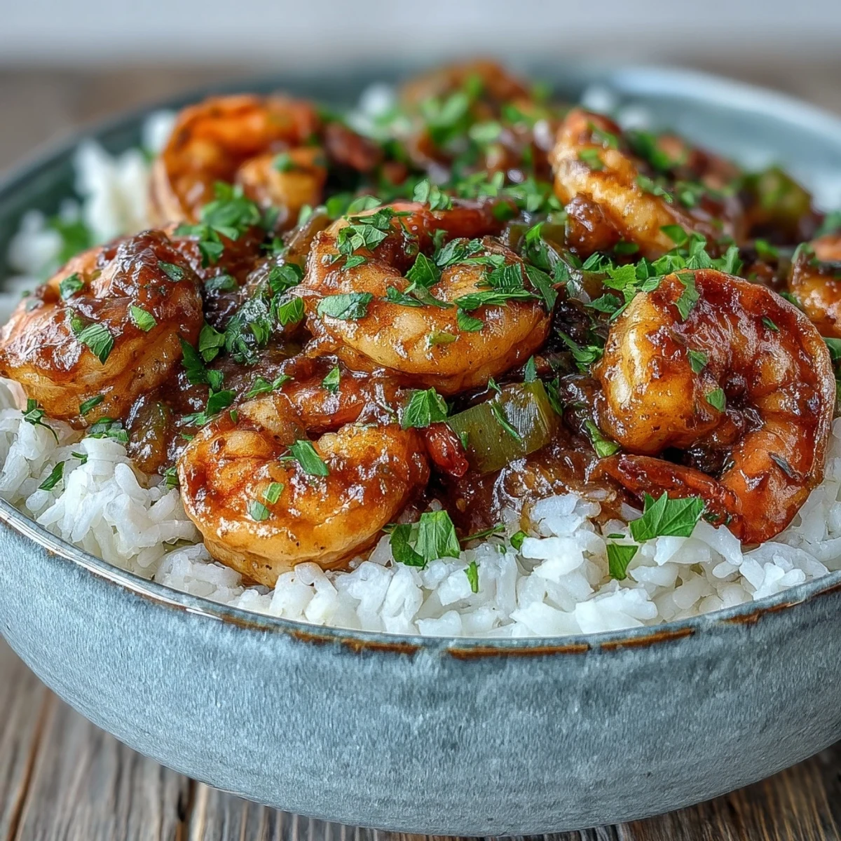 A steaming bowl of Classic New Orleans Étouffée garnished with fresh parsley and green onions, ready to serve.