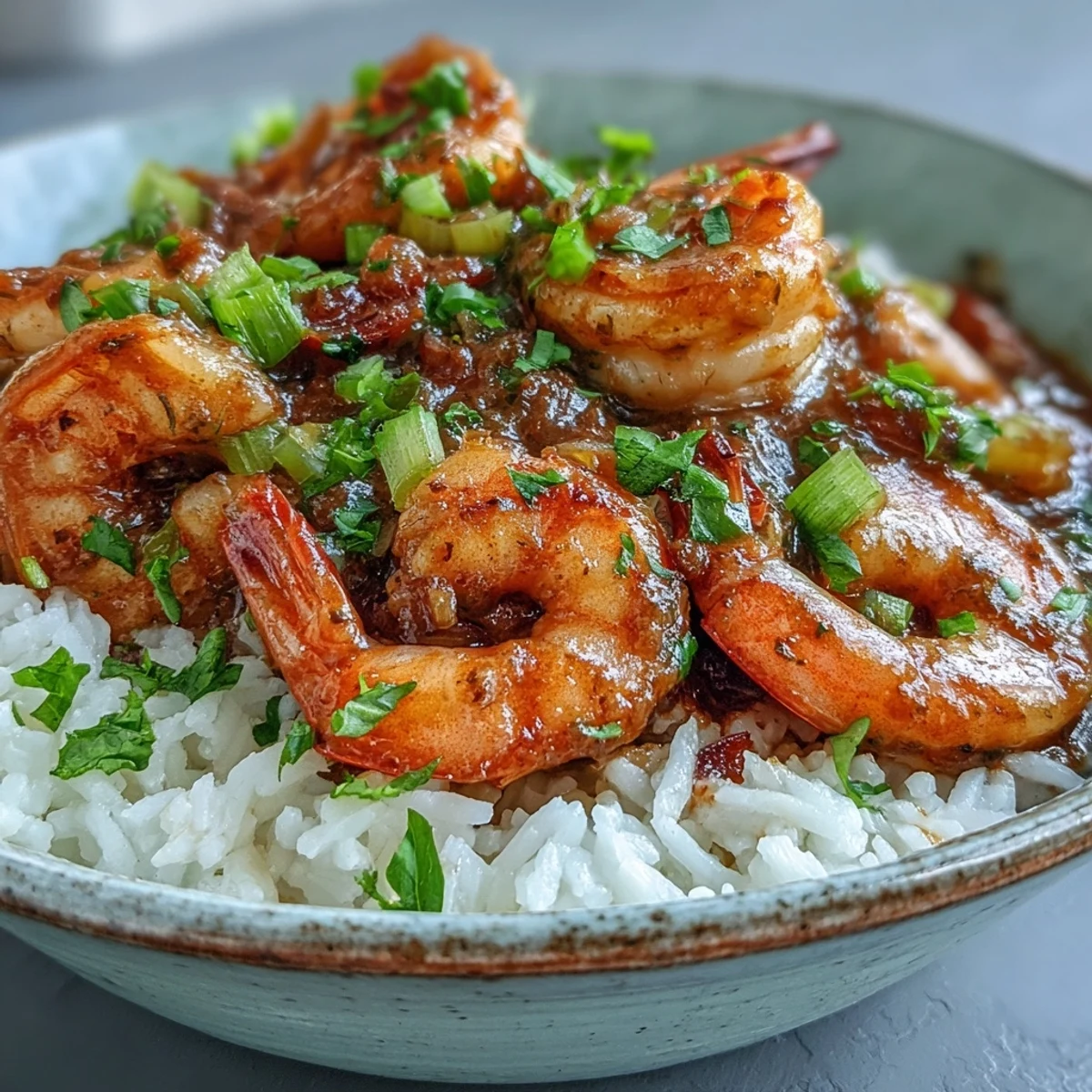 Close-up of Classic New Orleans Étouffée featuring plump shrimp in a thick, Cajun-spiced sauce over a mound of rice.