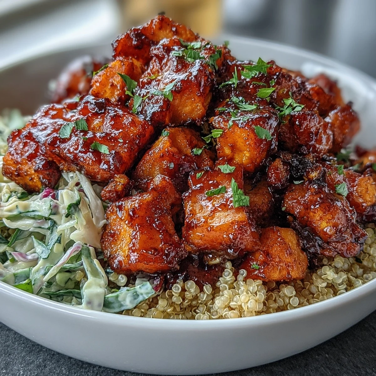 Hot Honey Chicken Bowl with spiced chicken, roasted sweet potatoes, and fluffy quinoa topped with tangy dressing.
