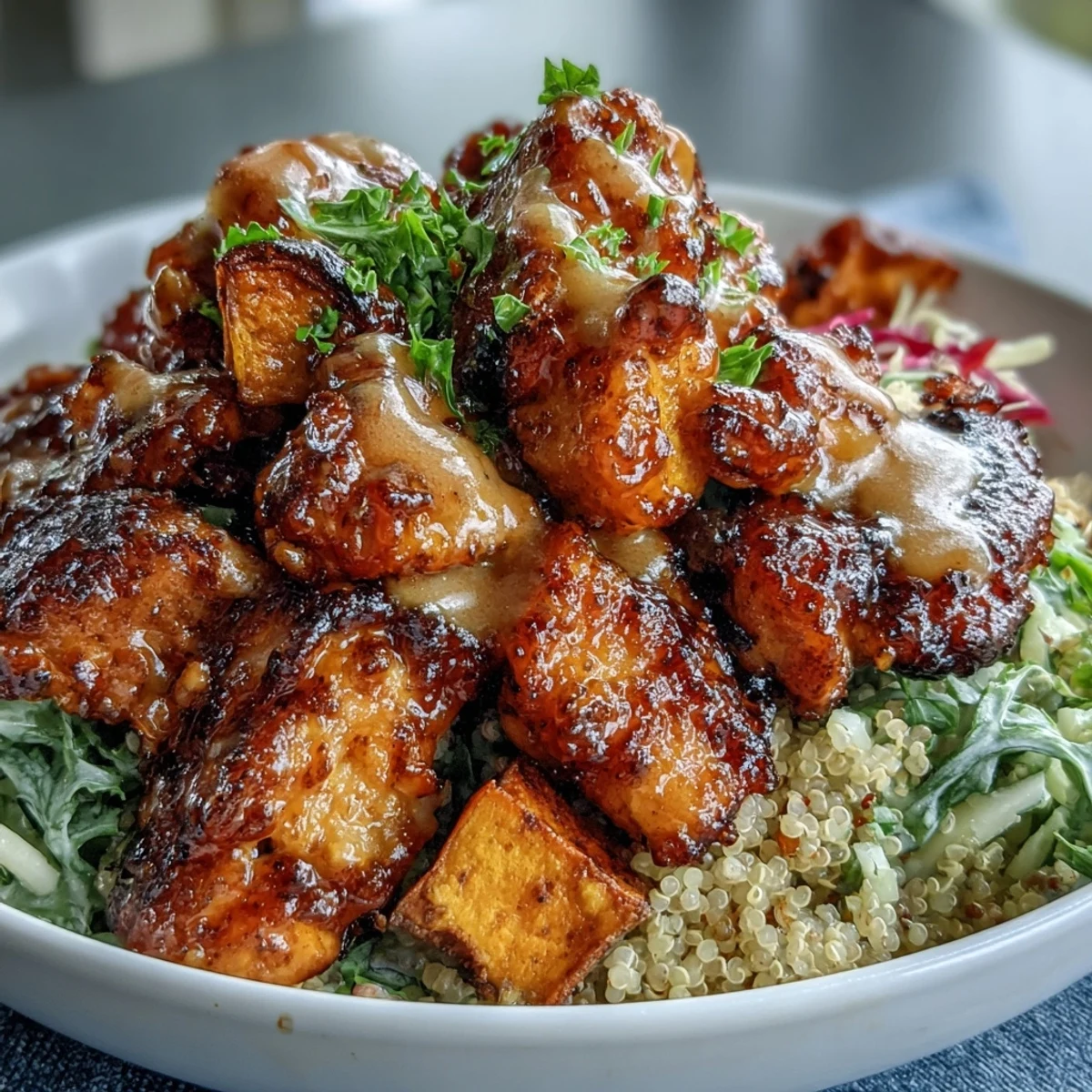 Serve this Hot Honey Chicken Bowl with extra sweet potatoes and fresh herbs for a nourishing, gluten-free dinner.