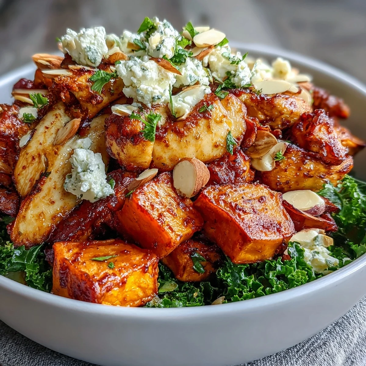 Sliced toasted almonds and balsamic vinaigrette garnish this vibrant gluten-free autumn bowl for added crunch and tang.