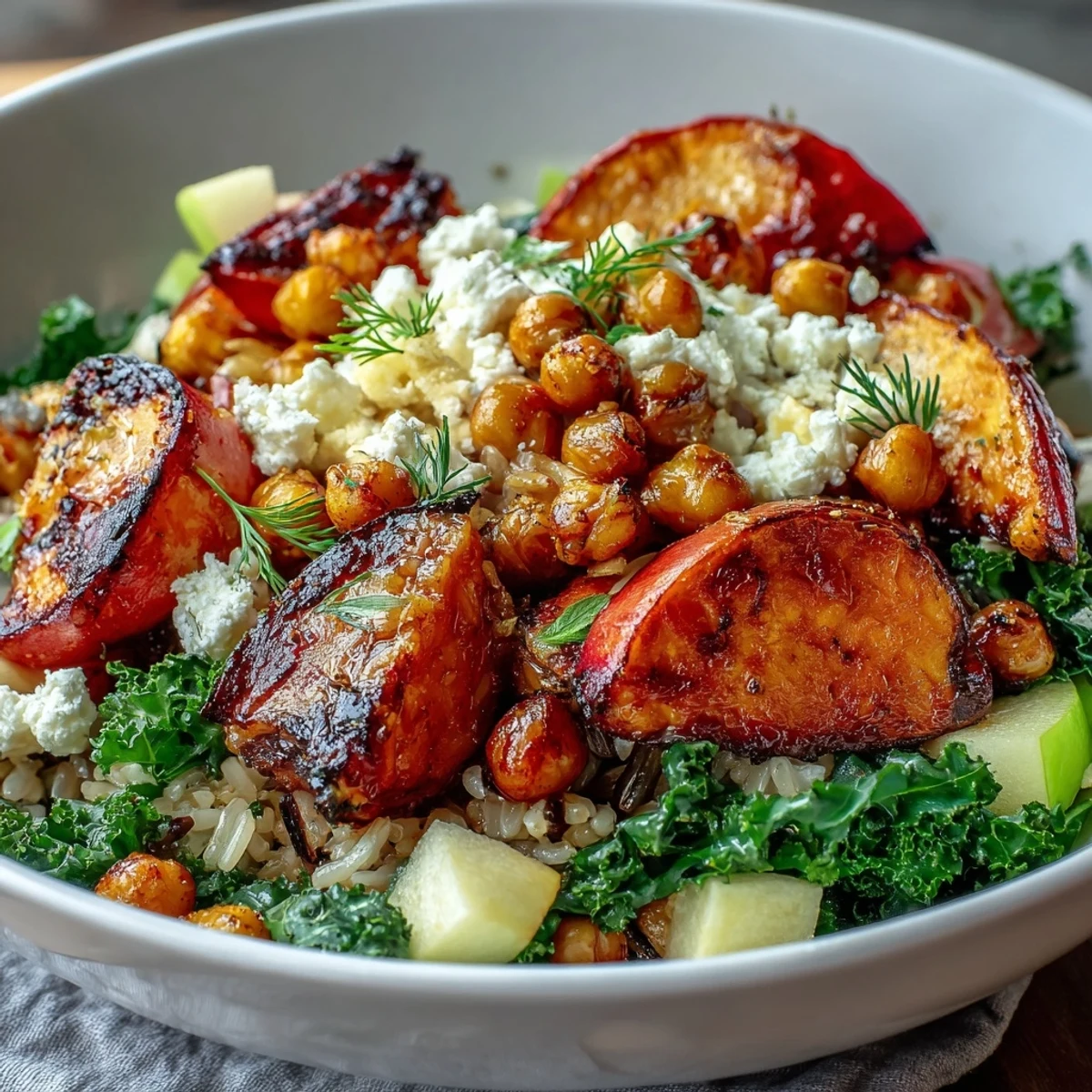 Fall Harvest Bowl served in a rustic ceramic bowl with kale, wild rice, and roasted sweet potatoes for a cozy autumn meal.