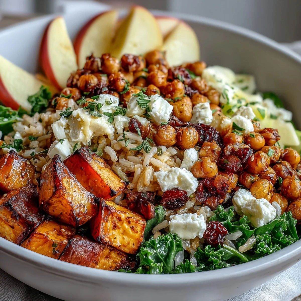 Top-down view of a Fall Harvest Bowl topped with crispy chickpeas, feta cheese, sliced apples, and crunchy almonds.