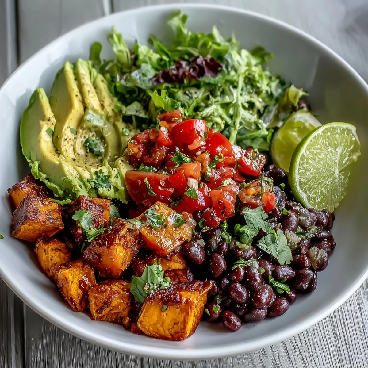 Roasted sweet potato and black bean bowl with creamy avocado, fresh salsa, and zesty lime dressing served on salad greens.