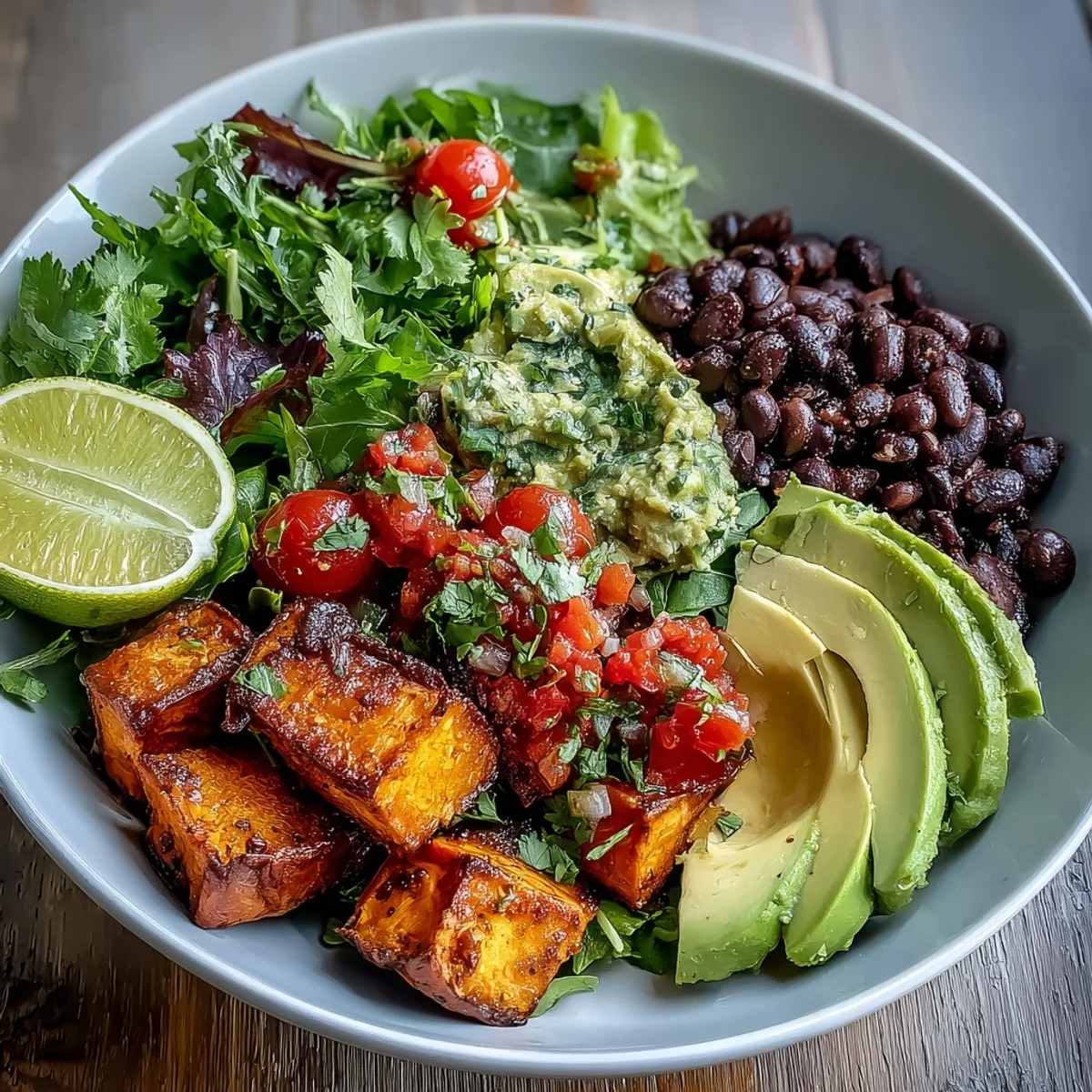 A vibrant Sweet Potato and Black Bean Bowl with golden roasted vegetables and warm black beans, topped with cherry tomatoes and cilantro.