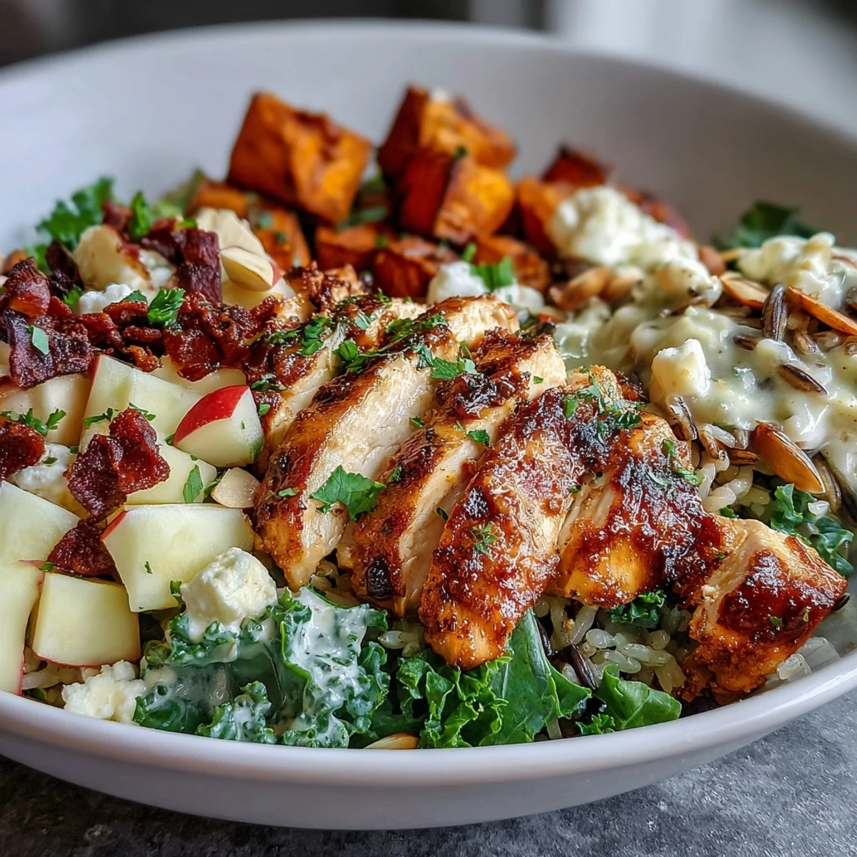 Colorful Harvest Bowl topped with diced Honeycrisp apple, crunchy almonds, and crumbled goat cheese, drizzled with tangy balsamic dressing.