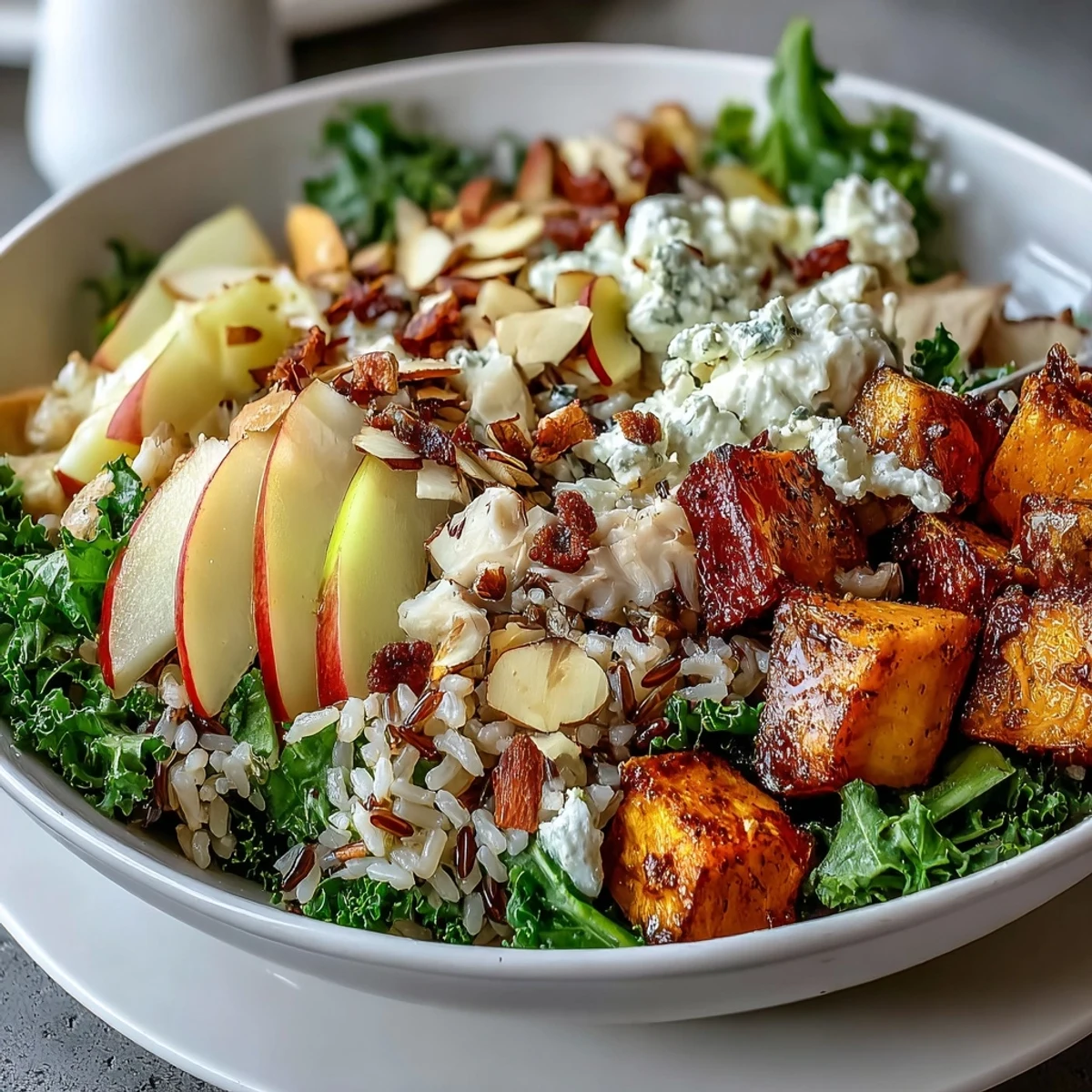 Close-up of the Harvest Bowl with sliced roasted chicken, tender sweet potatoes, and wild rice layered over massaged kale.