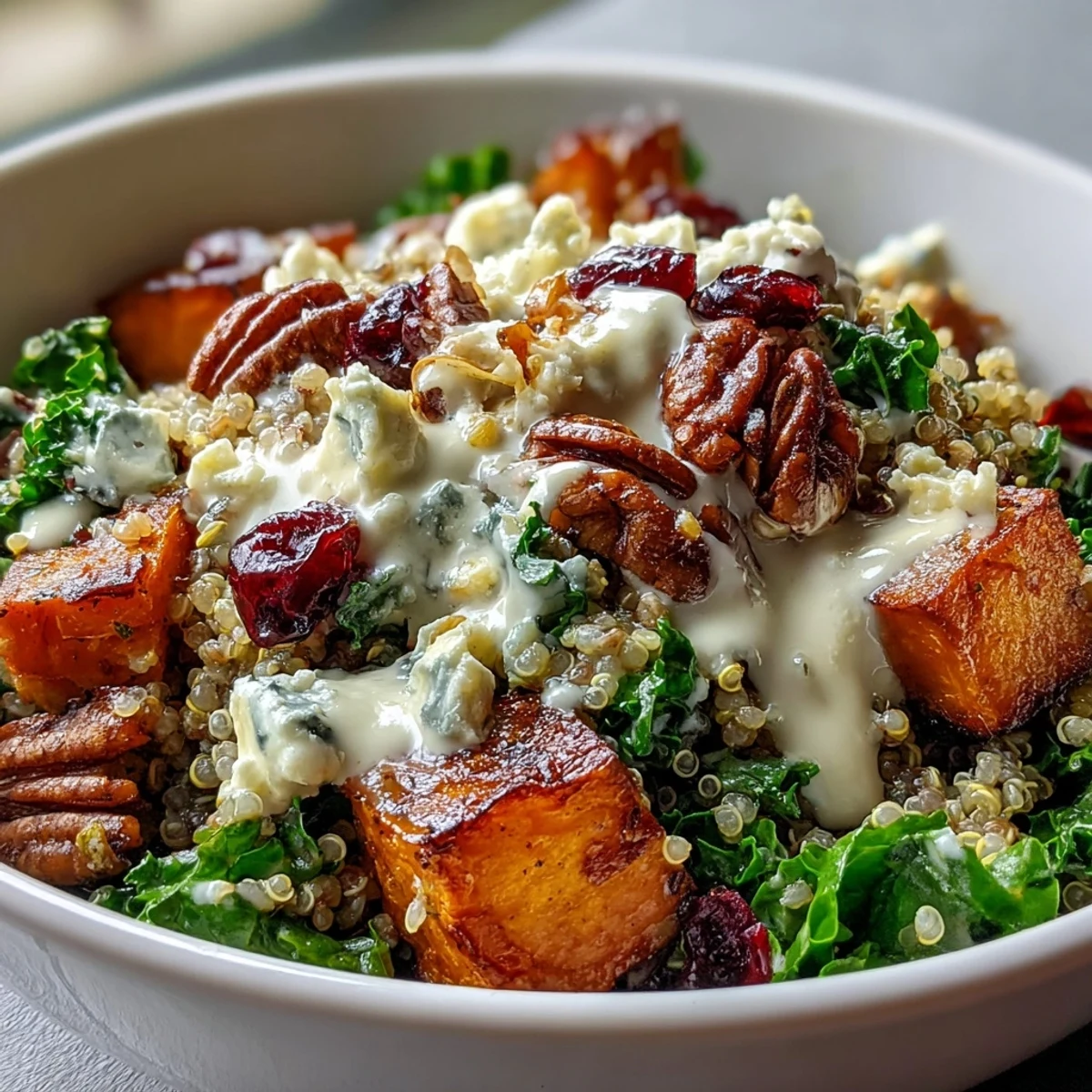 Healthy Harvest Kale Quinoa Bowl served with cranberries and sweet potatoes, vegetarian.