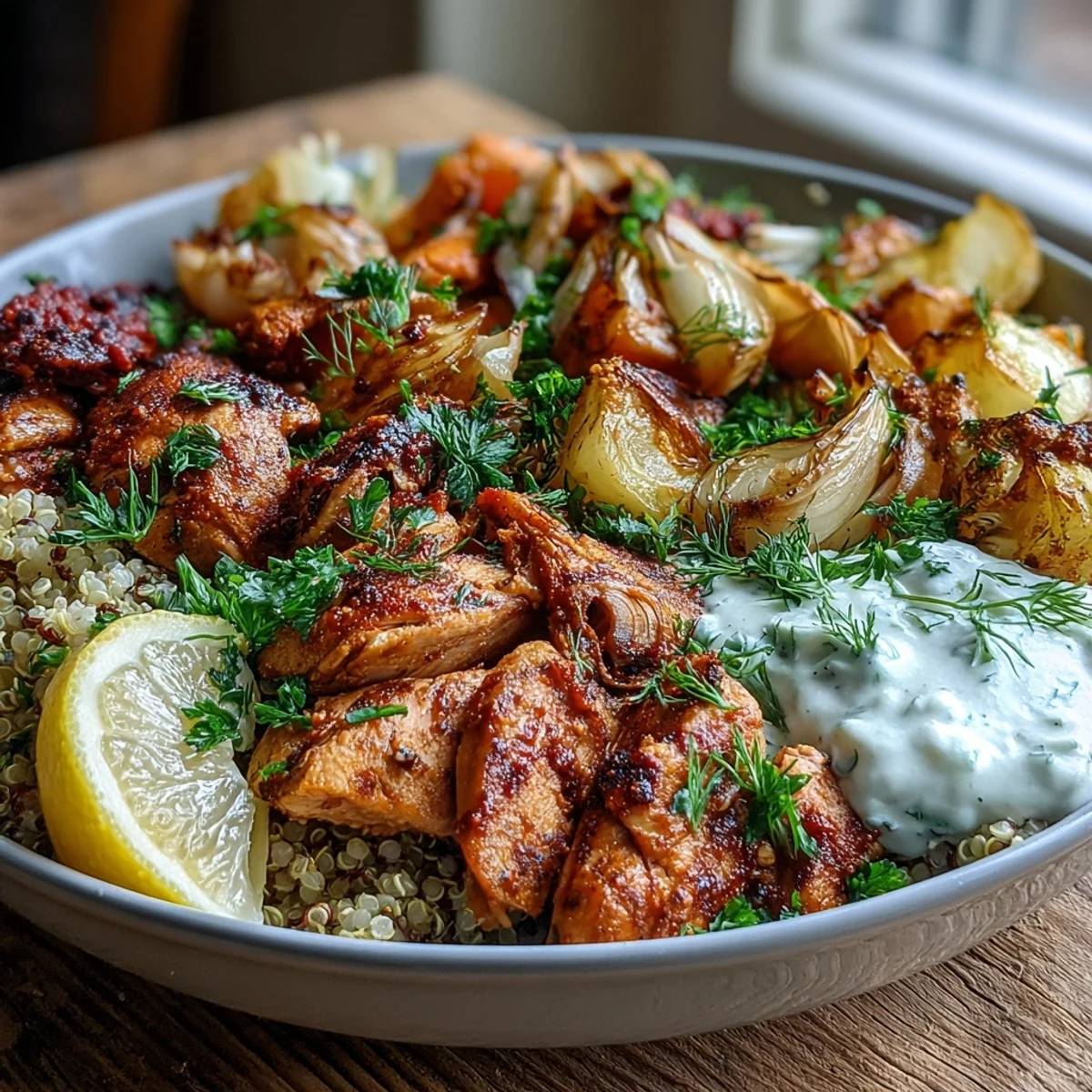 Colorful Paprika Herb Chicken Roasted Vegetable Quinoa Bowl topped with fresh parsley and a dollop of Greek yogurt.