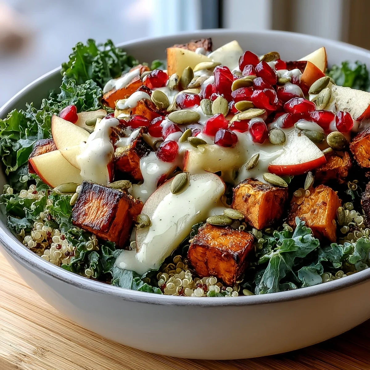 Vibrant Kale Harvest Grain Bowl topped with roasted sweet potatoes, crisp apple, juicy pomegranate seeds, and crunchy pepitas.
