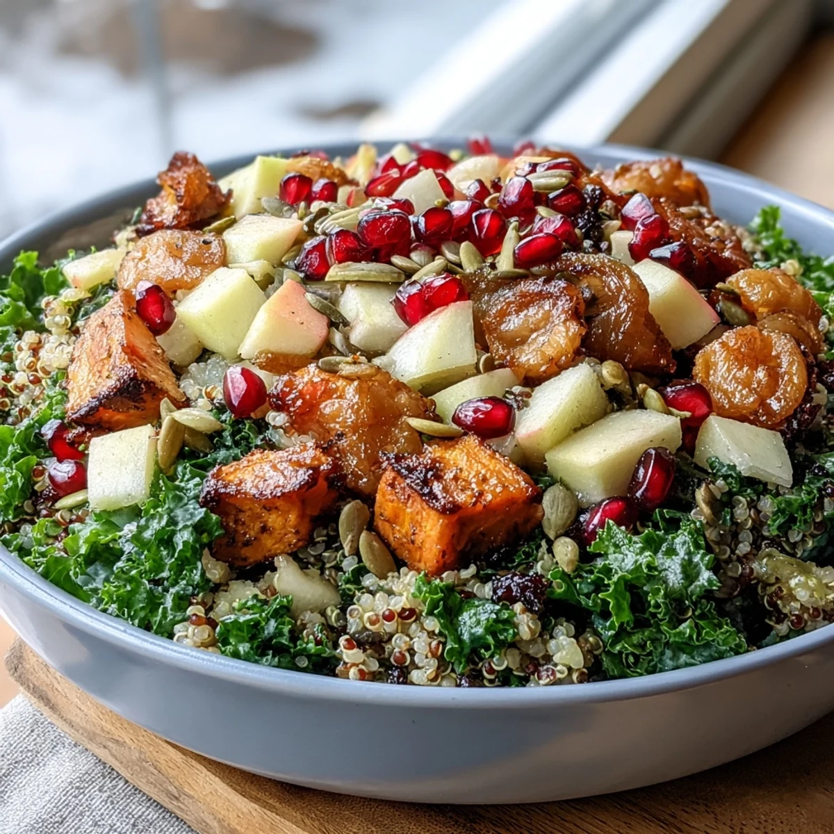 Ready-to-eat Kale Harvest Grain Bowl served in a white bowl with a tangy apple cider vinaigrette drizzle.