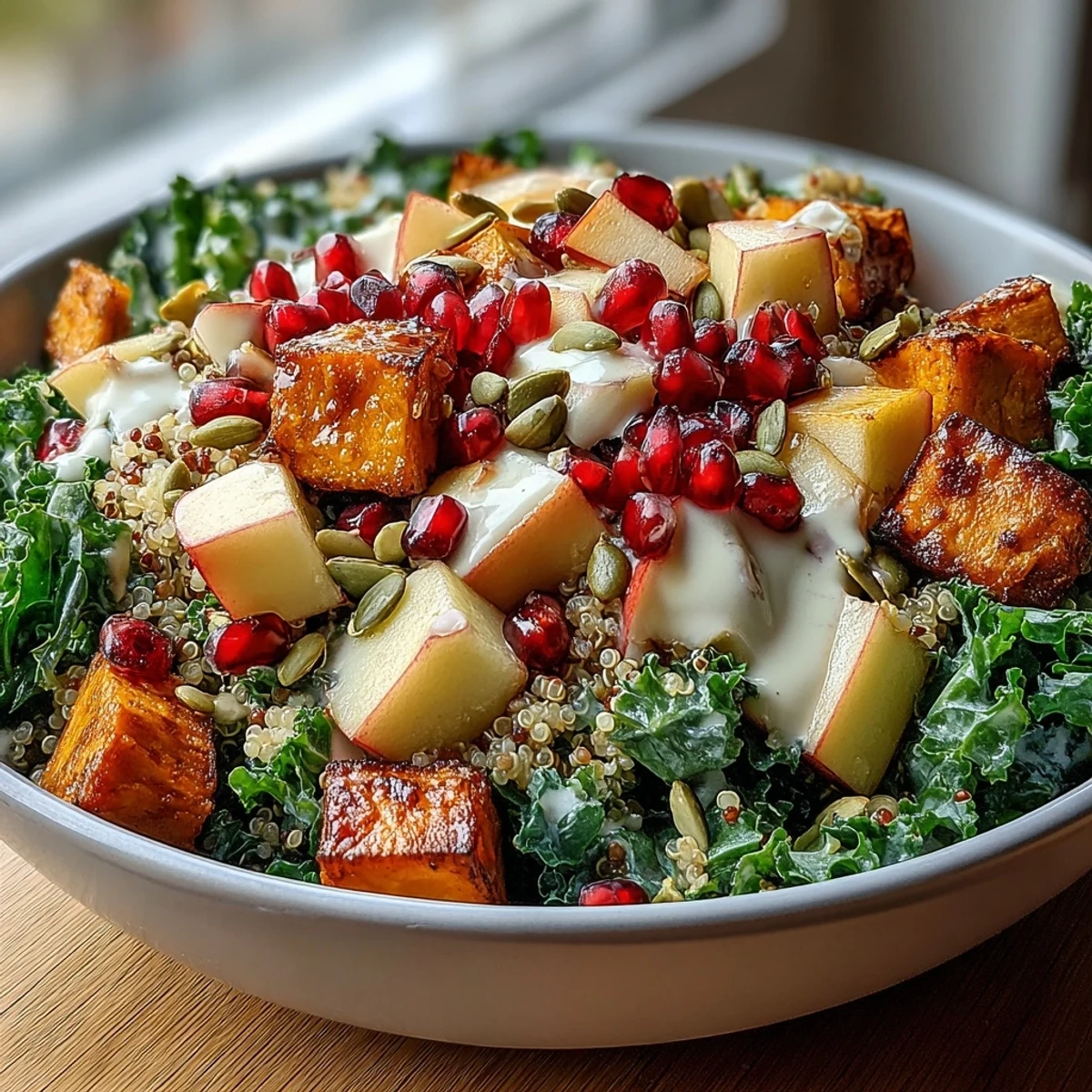 Healthy Kale Harvest Grain Bowl featuring fluffy quinoa, massaged kale, sweet potatoes, and colorful fresh toppings.
