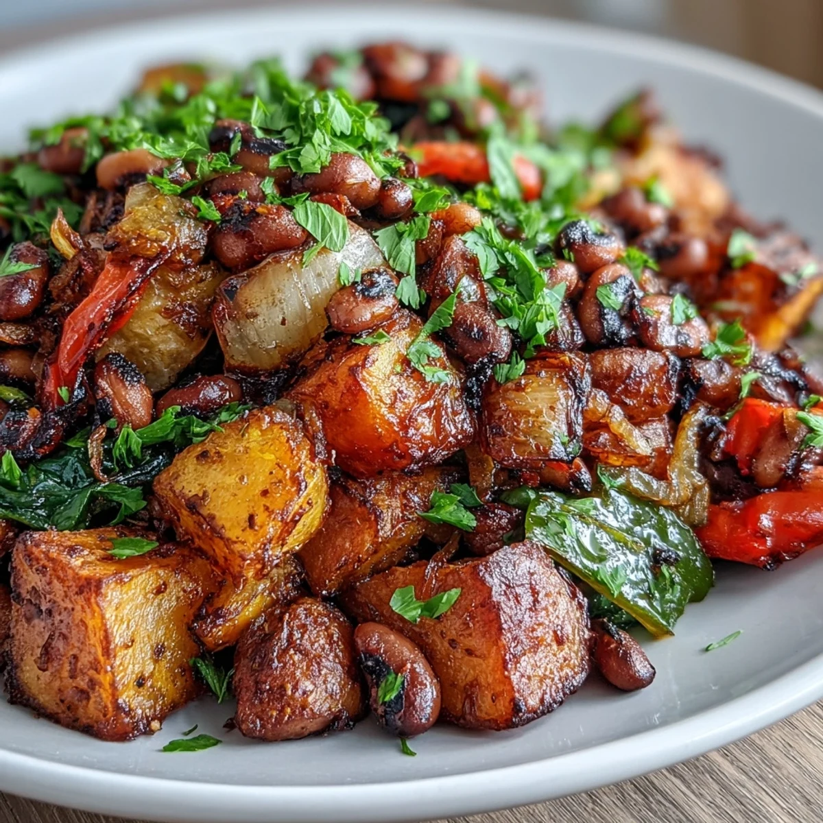 Golden roasted Yukon Gold potatoes, black-eyed peas, and diced peppers seasoned with smoked paprika and cumin on a baking sheet, ready for breakfast or brunch.