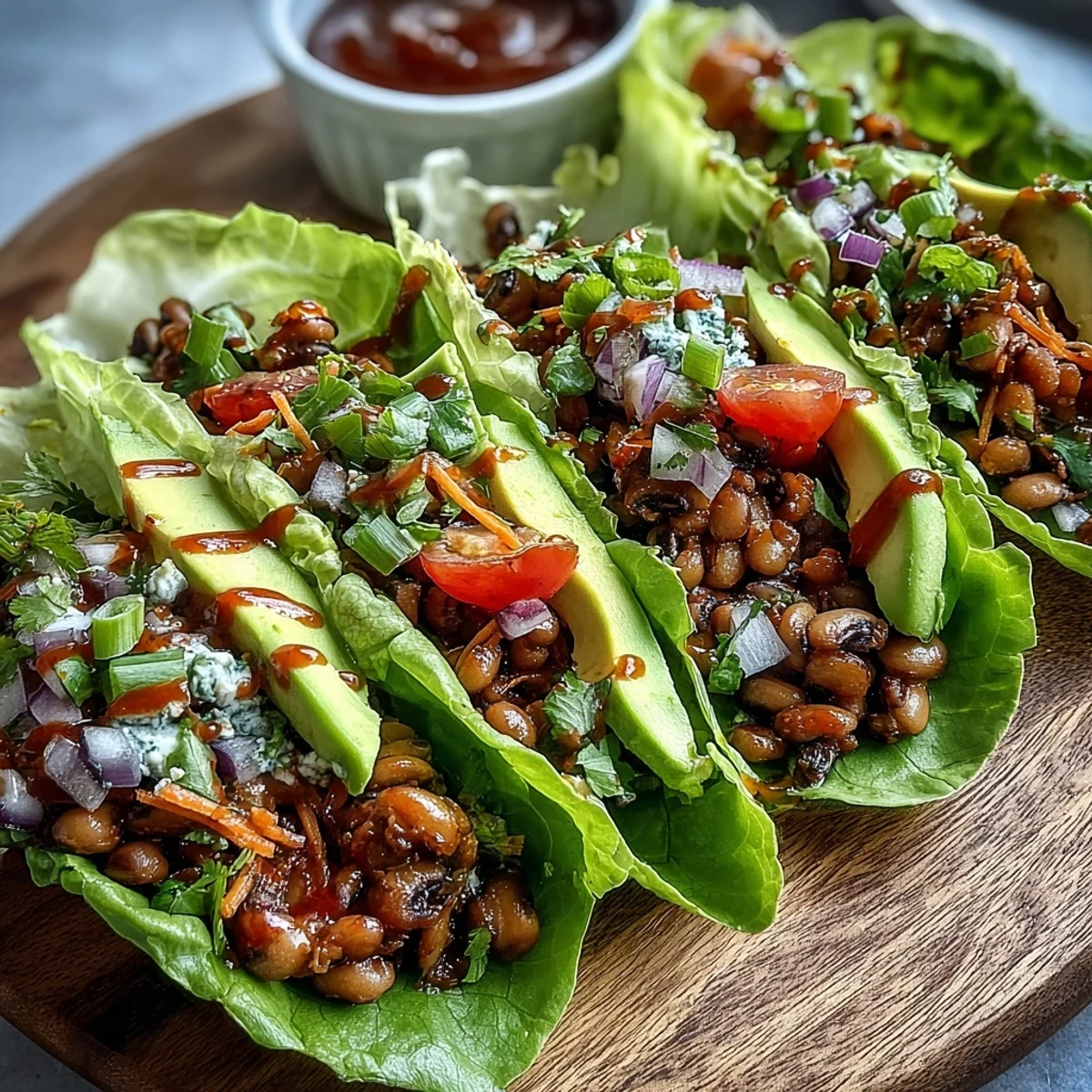Crisp butter lettuce cups stuffed with warm, smoky seasoned Black-Eyed Pea Lettuce Wraps, topped with fresh avocado.