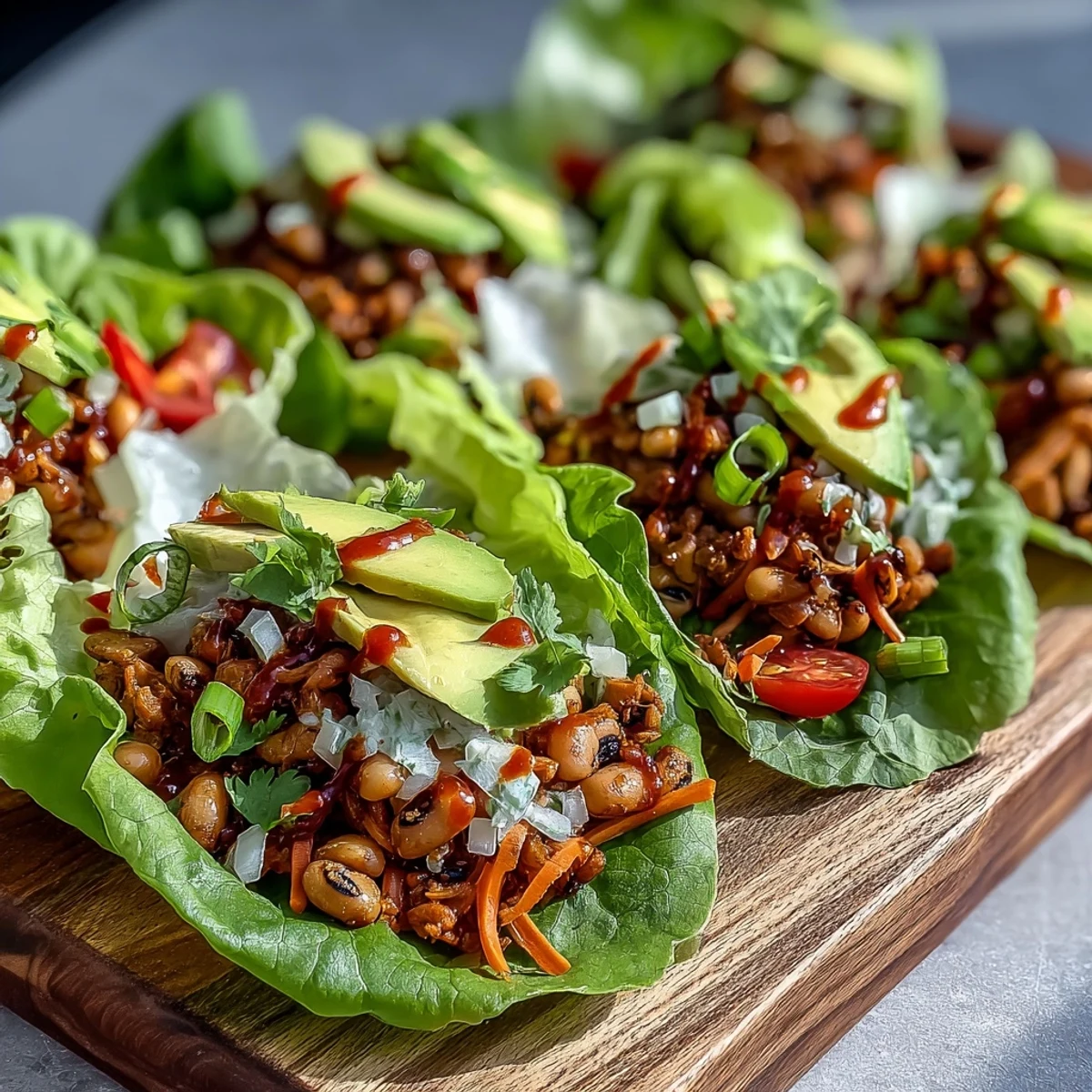 Freshly assembled Black-Eyed Pea Lettuce Wraps garnished with cilantro and avocado, served as a healthy appetizer or light lunch.