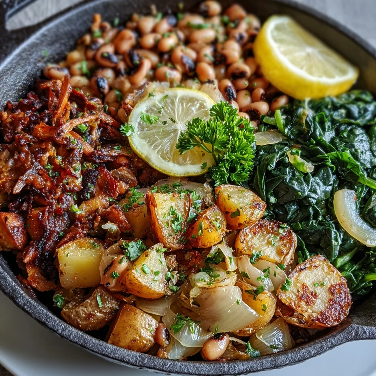 Golden Black-Eyed Pea Skillet Dinner in a hot cast iron pan with wilted spinach and diced potatoes.