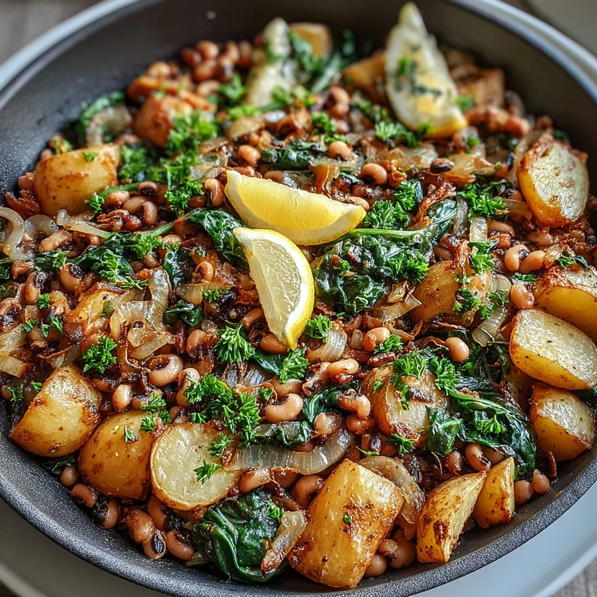 A rustic serving of Black-Eyed Pea Skillet Dinner topped with fresh parsley and a lemon wedge on the side.