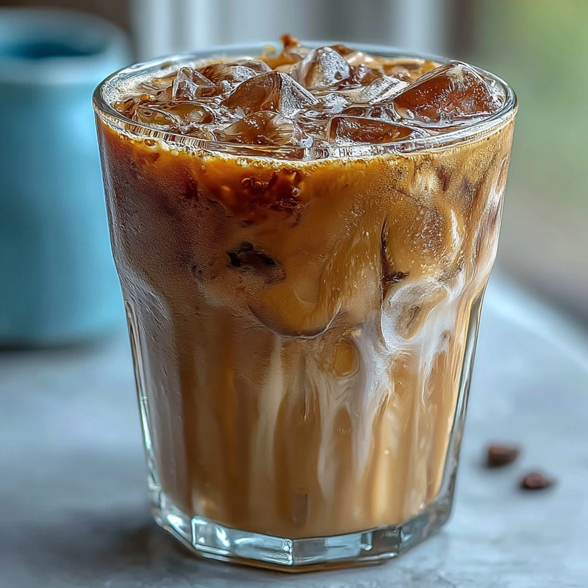 An iced hojicha latte in a tall glass, filled with ice and topped with creamy milk for an easy Japanese beverage.