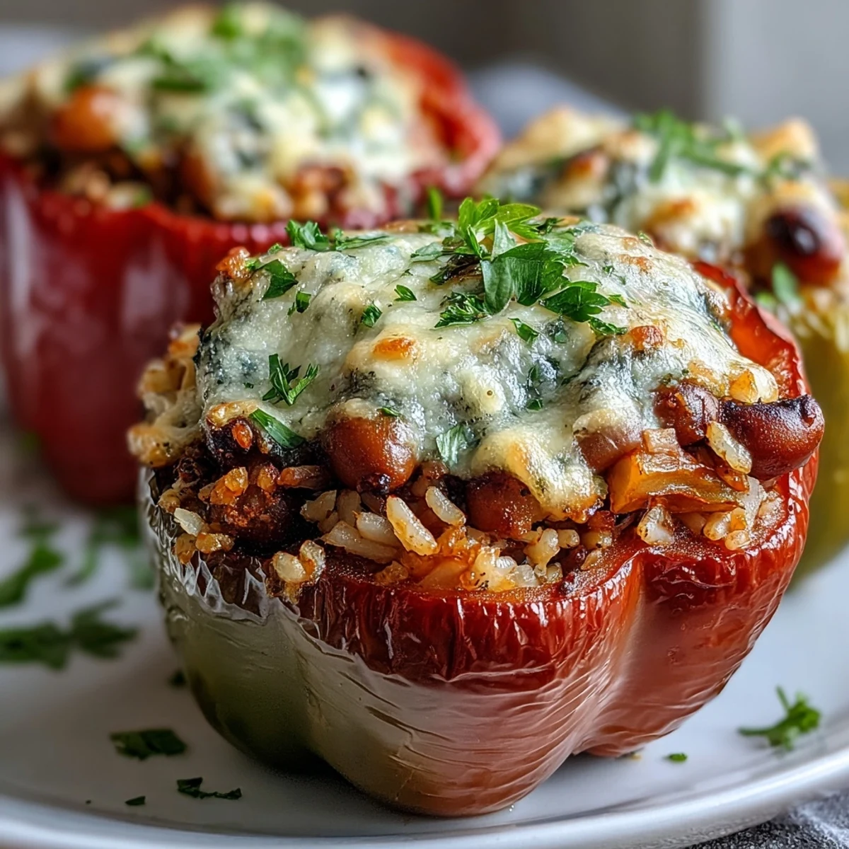 Colorful roasted Black-Eyed Pea Stuffed Peppers filled with savory legumes and grains, bubbling with melted cheese on a rustic wooden table.
