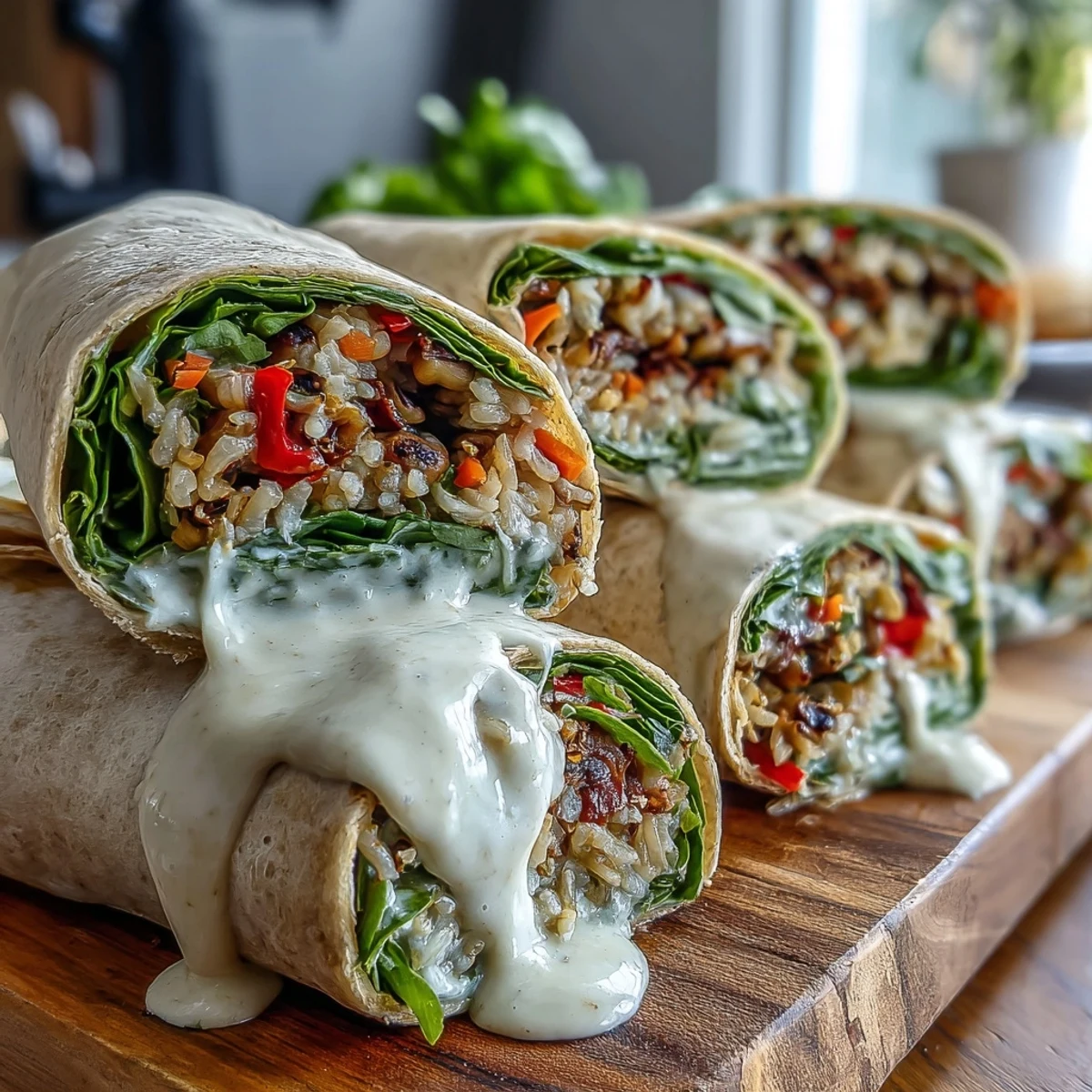 Vibrant Black-Eyed Pea Wraps filled with fresh veggies and drizzled with creamy tahini sauce, served on a plate.