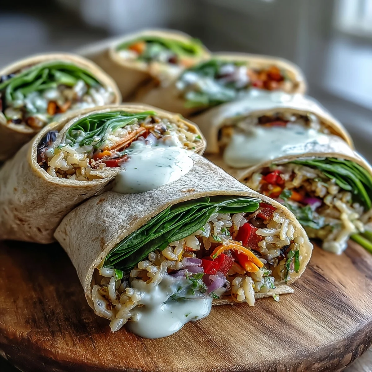 Hearty Black-Eyed Pea Wraps stuffed with spinach, carrots, and quinoa, sliced in half to show the colorful layers.