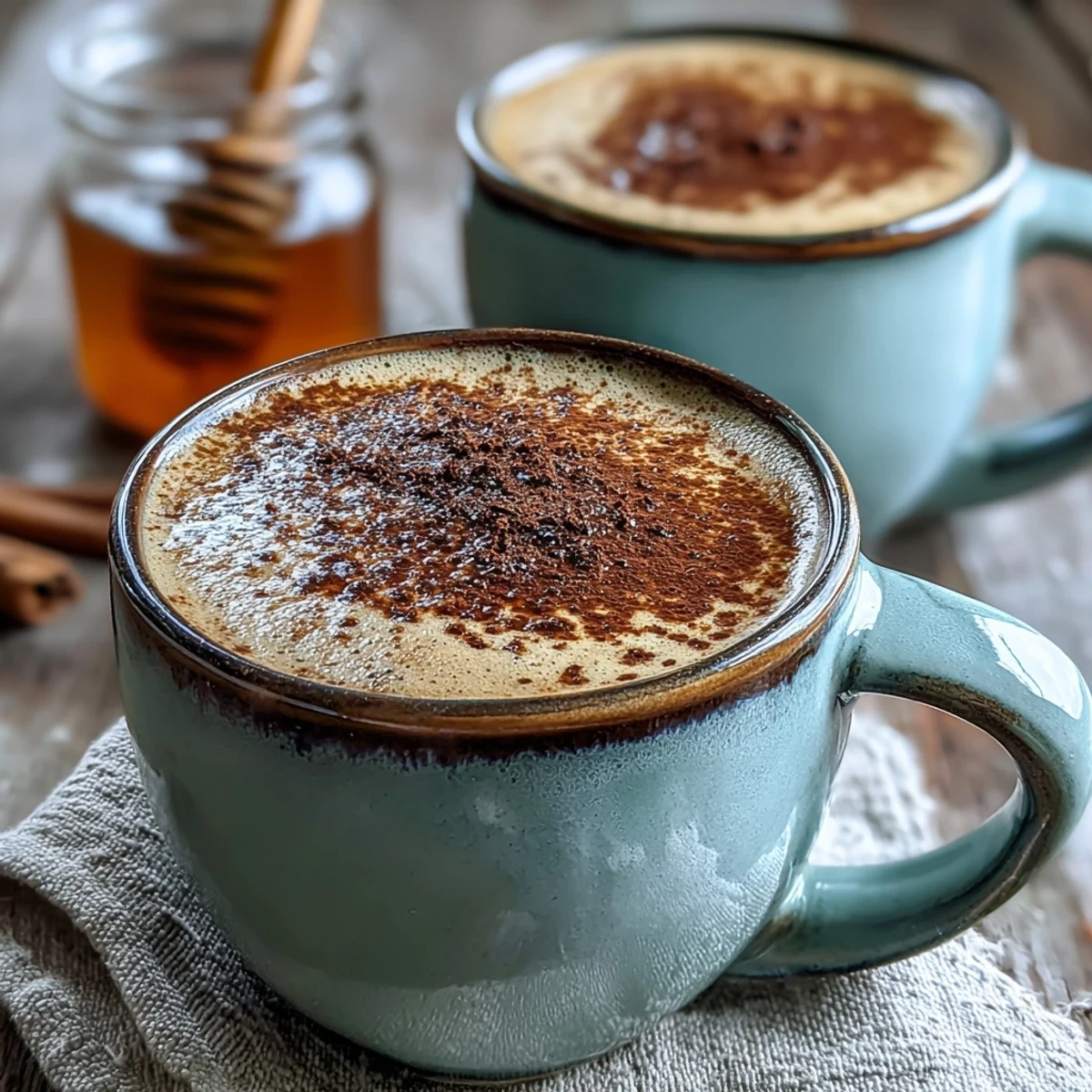 Cozy cup of Hot Hojicha Latte with a delicate layer of foam, perfect for a relaxing afternoon treat alongside a buttery croissant.