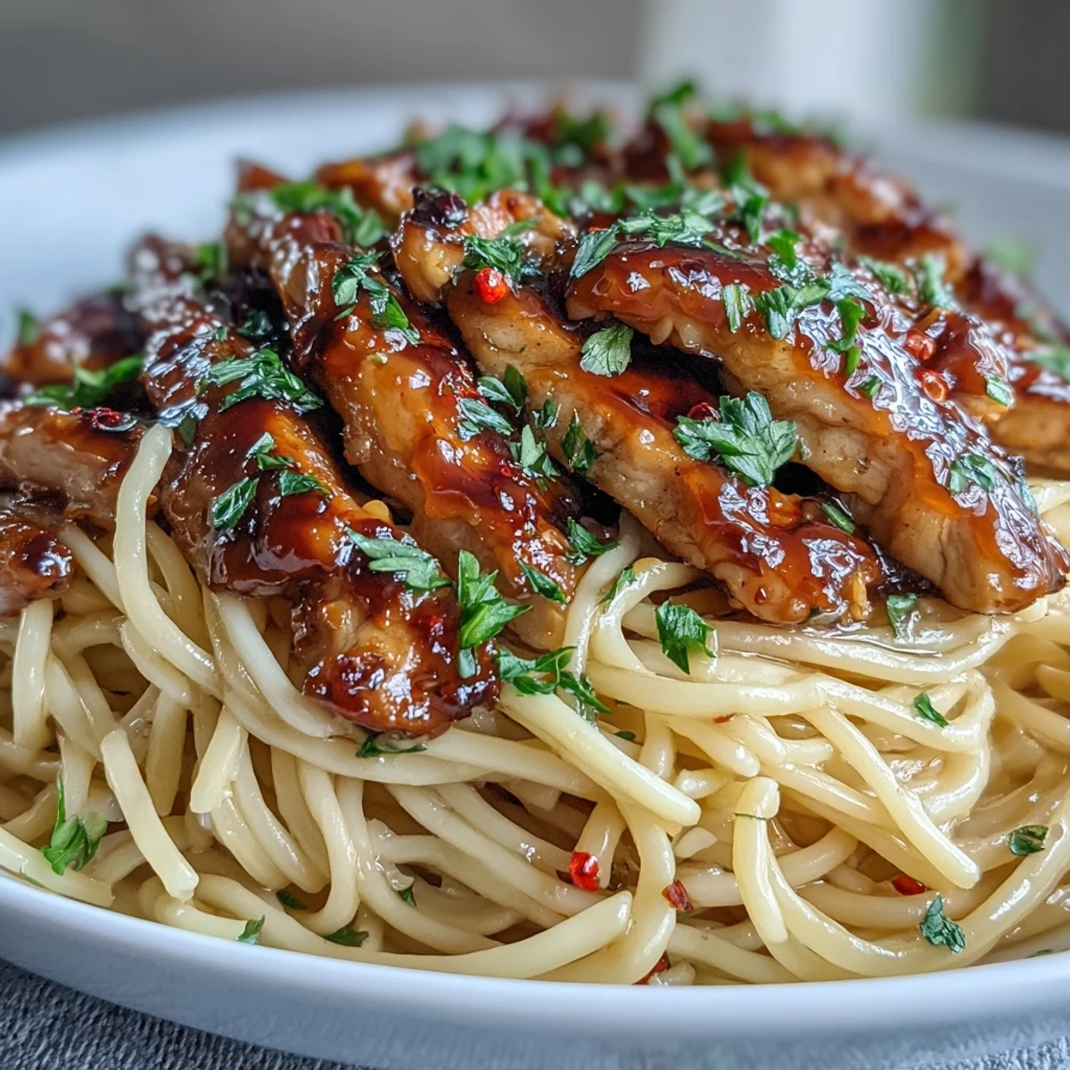 Glossy Sticky Honey Garlic Chicken Pasta is plated, featuring tender chicken slices and fresh parsley garnish for a savory aroma.