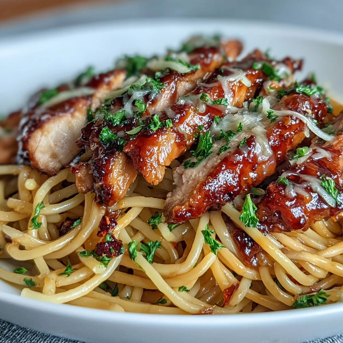 In a skillet, sticky honey garlic sauce coats spaghetti and chicken, with a hint of steam rising and red pepper flakes.