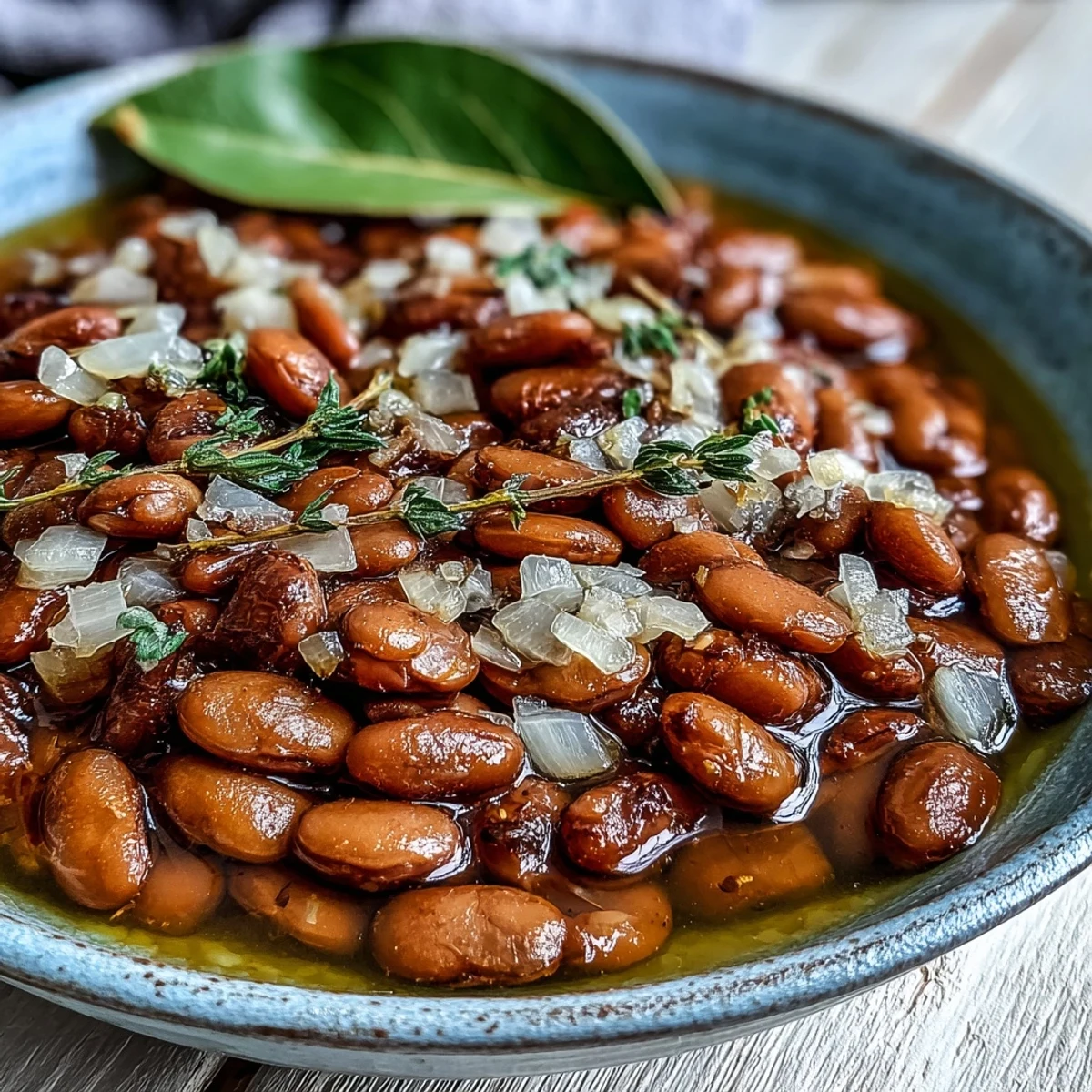 Creamy, tender pinto beans simmered with onions and garlic in a rustic pot, ready to serve as a hearty side dish.