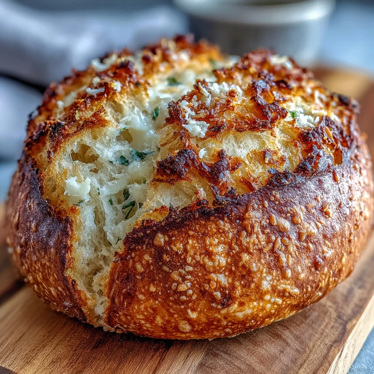 Perfect Parmesan Garlic Artisan Bread with a golden crust, fresh from a hot Dutch oven.