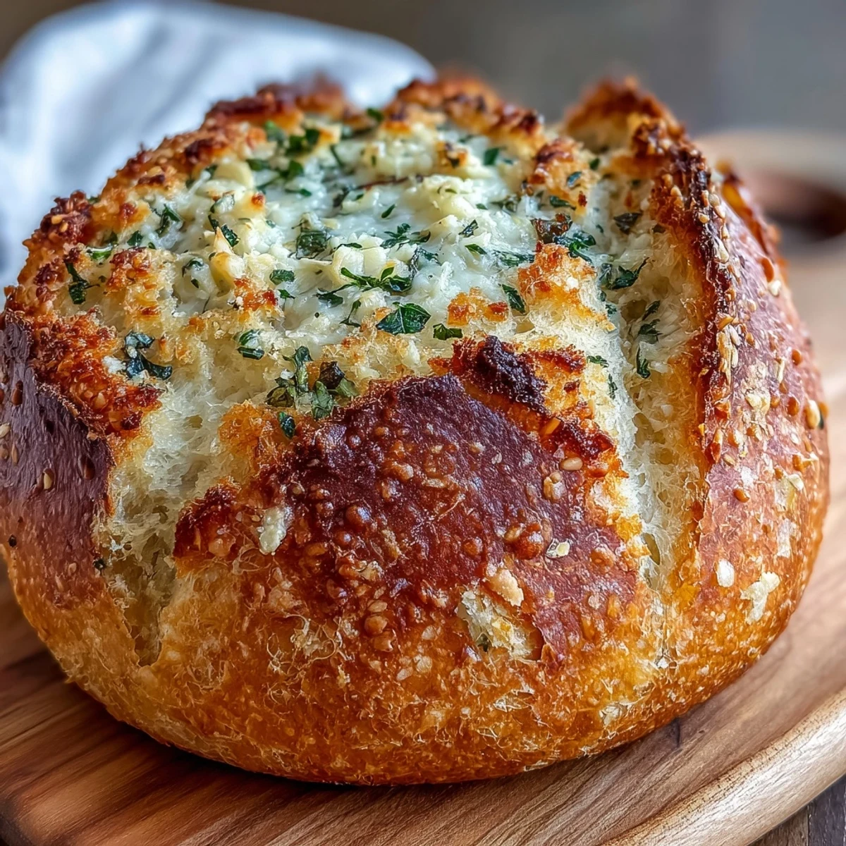 Slices of cheesy garlic artisan bread on a rustic wooden board, ready for soup pairing.