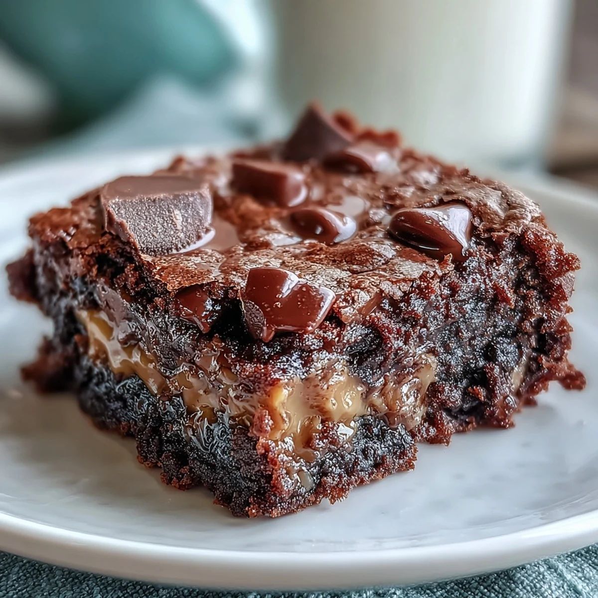 Freshly baked Rich Peanut Butter Cup Dump Cake emerges from the oven with gooey melted chocolate chips and peanut butter cups on top.