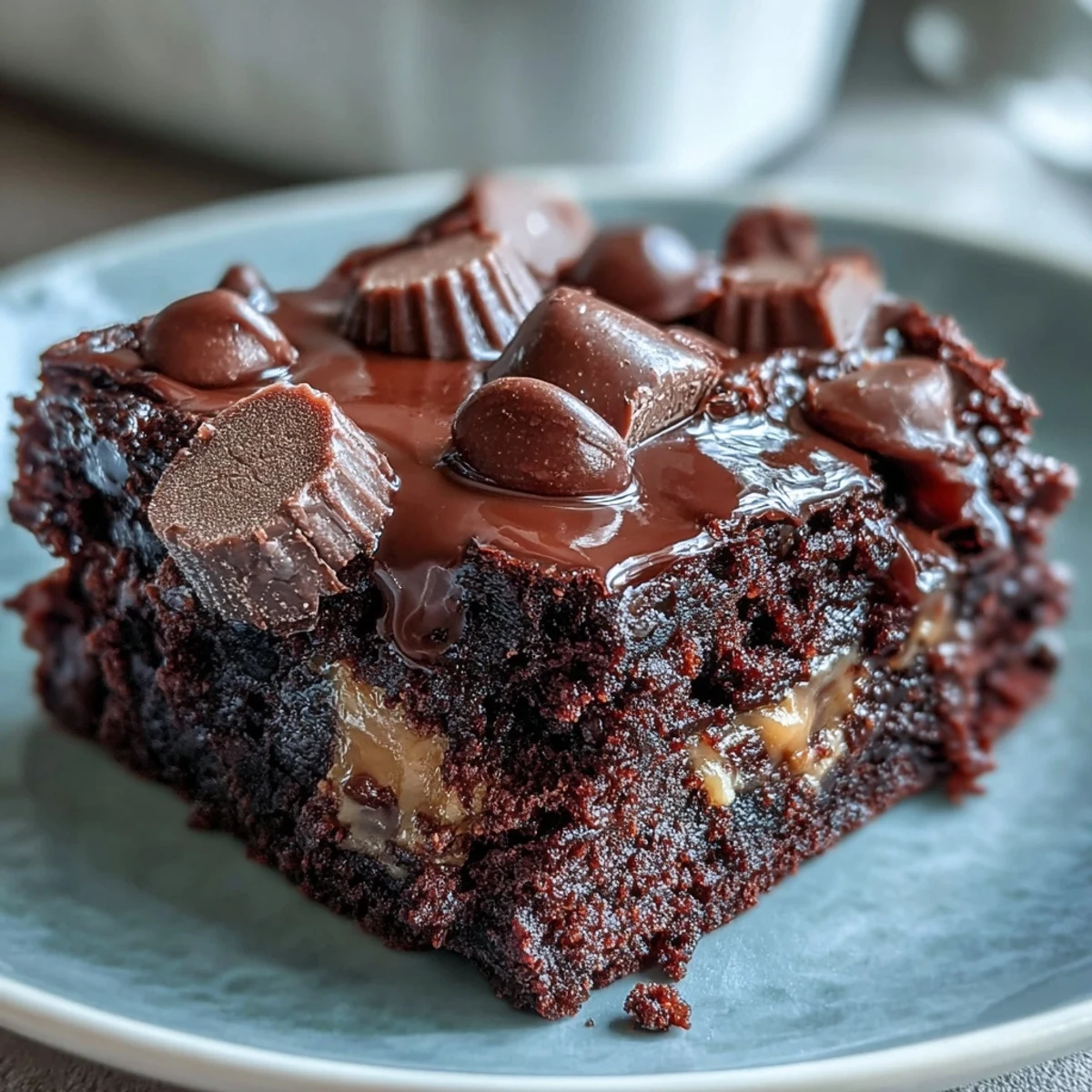 A close-up view of Rich Peanut Butter Cup Dump Cake shows a rich, dense texture with chunks of peanut butter cups in every bite.