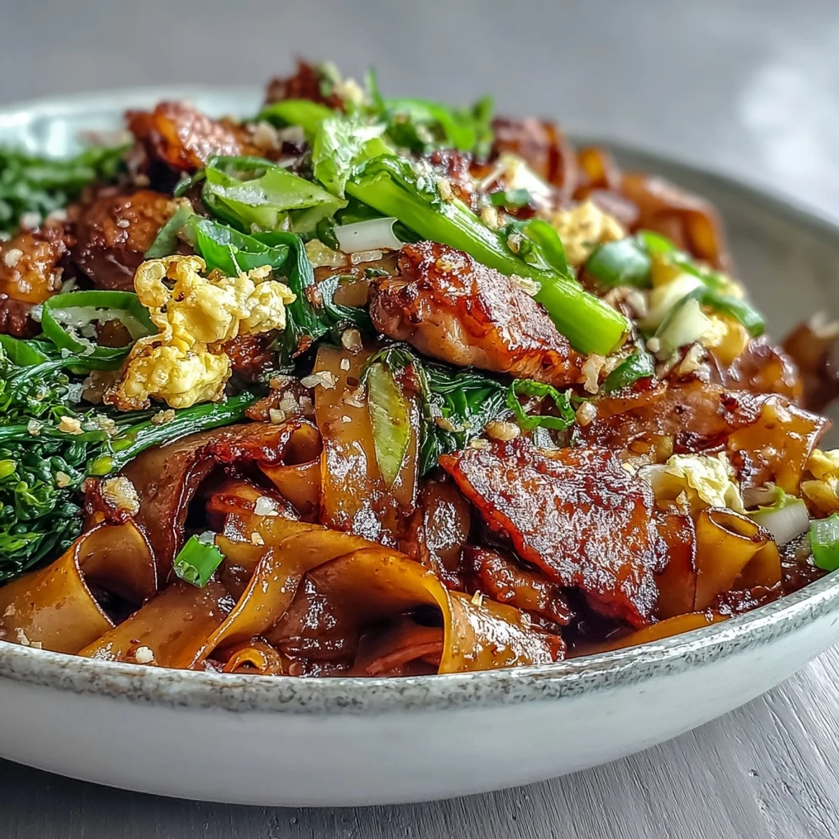Close-up of Authentic Thai Pad See Ew featuring glistening wide noodles, seared chicken, and fresh Chinese broccoli.