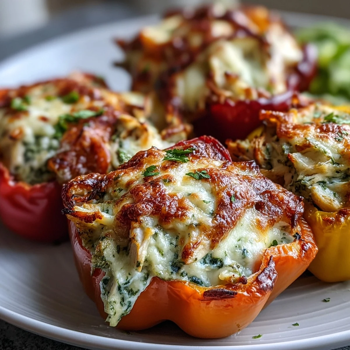 Close-up of Pesto Chicken Stuffed Sweet Peppers showing melted mozzarella and vibrant green pesto filling inside tender mini sweet peppers.